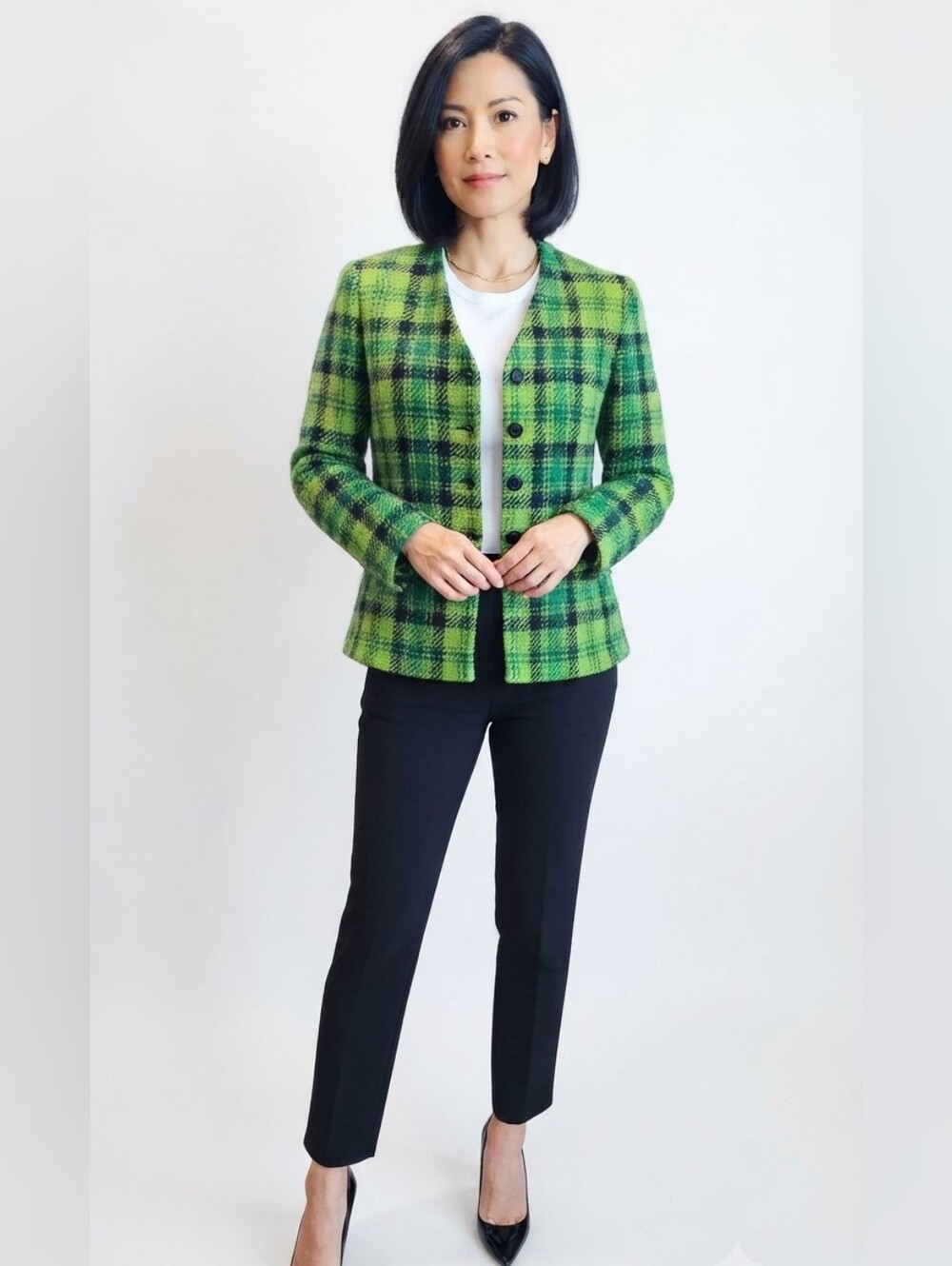 Vintage Le Suit 100% Wool Versatile Green Plaid Women's Button Jacket Size 8